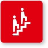 grafika dvou osob stoupajících po schodech na červeném pozadí