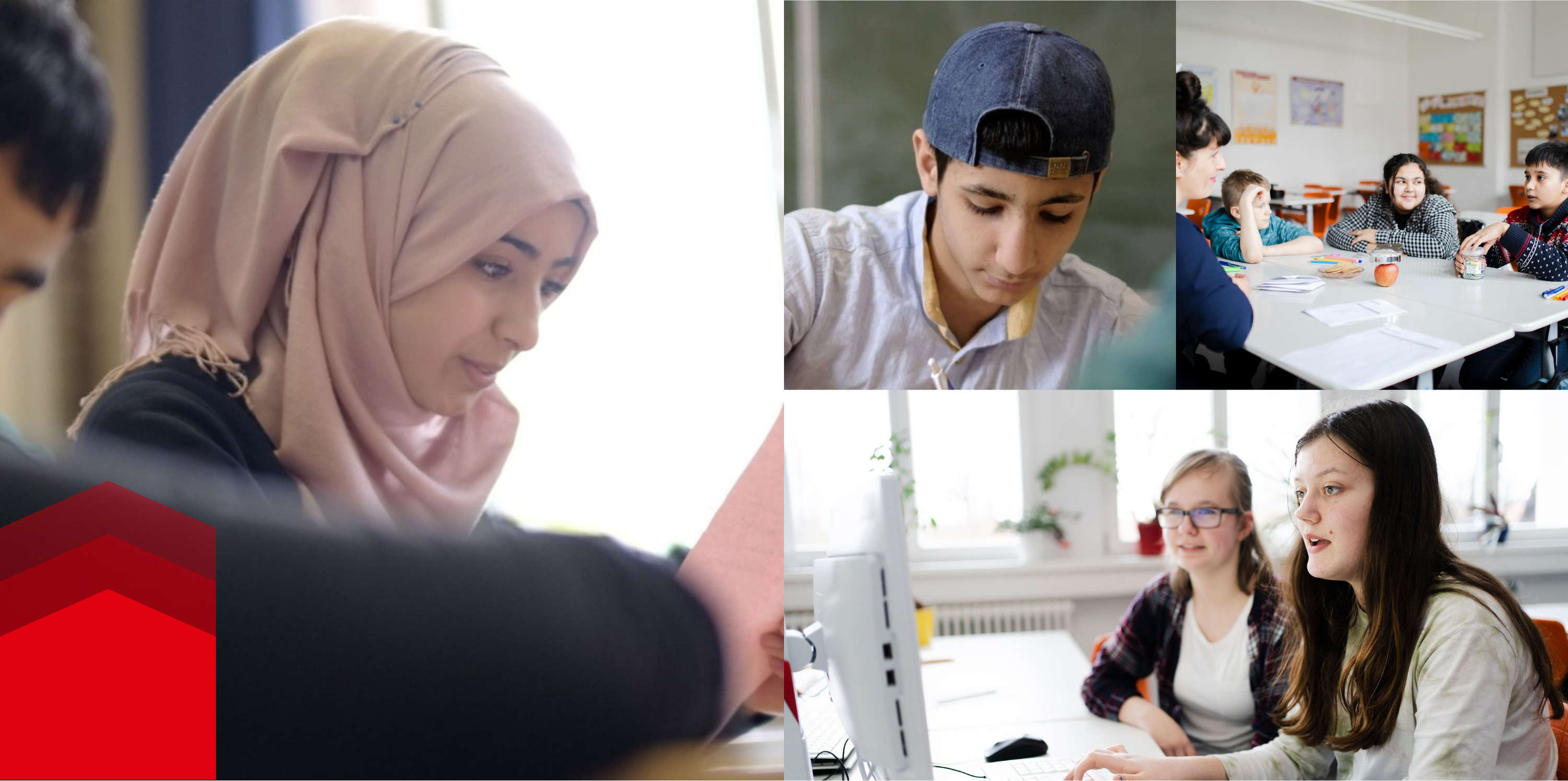 Koláž obrázkov zobrazujúca deti rôznych národností v škole