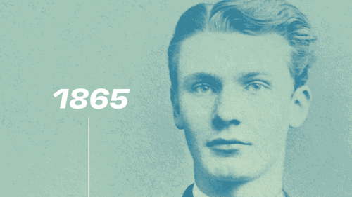 GIF video zobrazuje Fritze Henkela v průběhu času. Postupně je vidět jako sedmnáctiletý v roce 1865, jako mladý muž v roce 1876, jako středně věkem muž s vousy v roce 1885 a nakonec jako starší pán s bílými vlasy a hustými vousy v roce 1928.