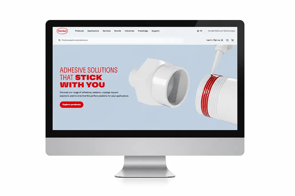 Obrazovka monitoru s webovou stránkou Henkel Adhesive Technologies.