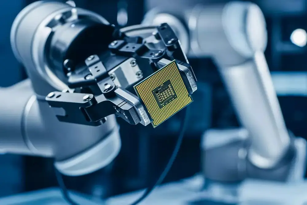 Robotické rameno obsluhující automatizované stroje v prostředí výroby polovodičů.