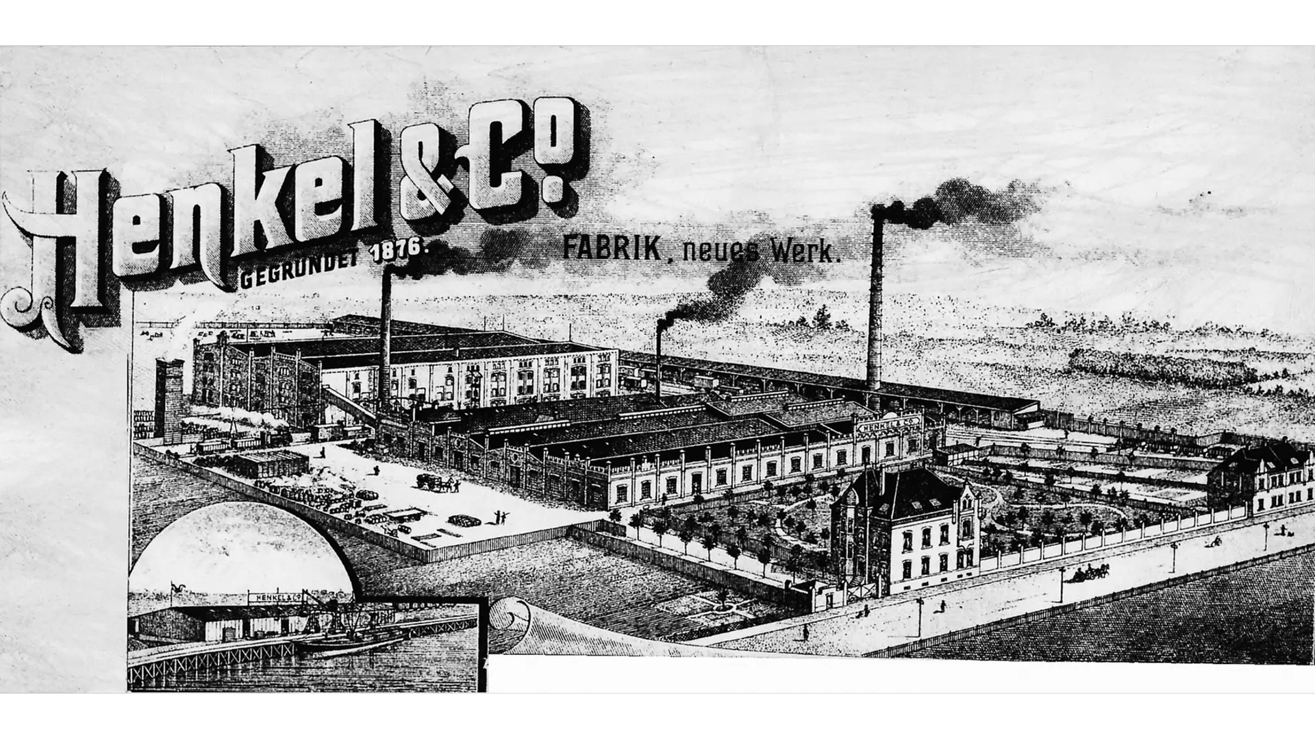 Hlavičkový papír společnosti Henkel s vyobrazením závodu v Holthausenu a výřezem přístavu Reisholz v levém dolním rohu.