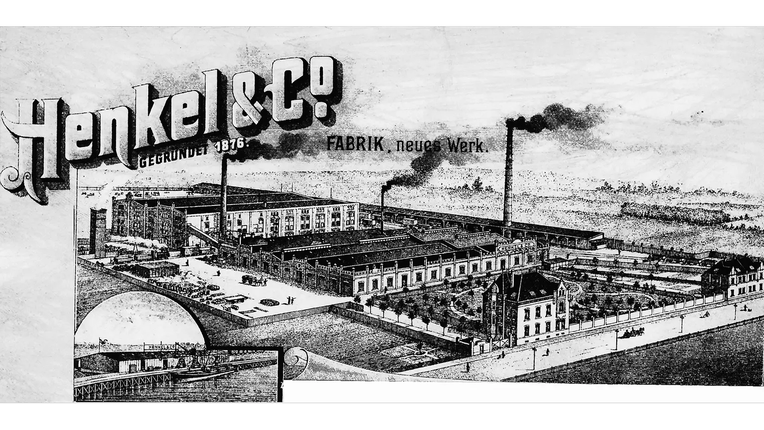 Hlavičkový papír společnosti Henkel s vyobrazením závodu v Holthausenu a výřezem přístavu Reisholz v levém dolním rohu.