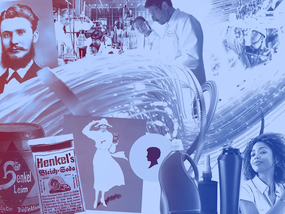 Koláž historických produktů Henkel, lahví od pracích prostředků, laboratorních pracovníků a historických reklam v modrých tónech.