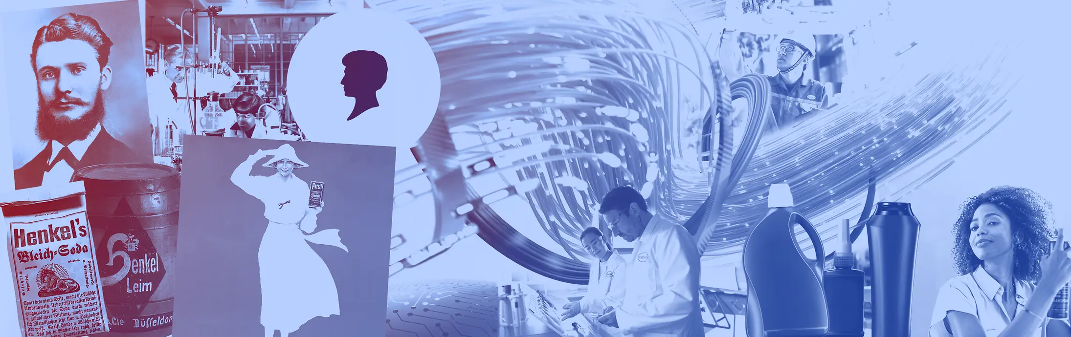 Koláž vintage produktů Henkel, lahví s pracími prostředky, laboratorních pracovníků a historických reklam v modrých tónech.