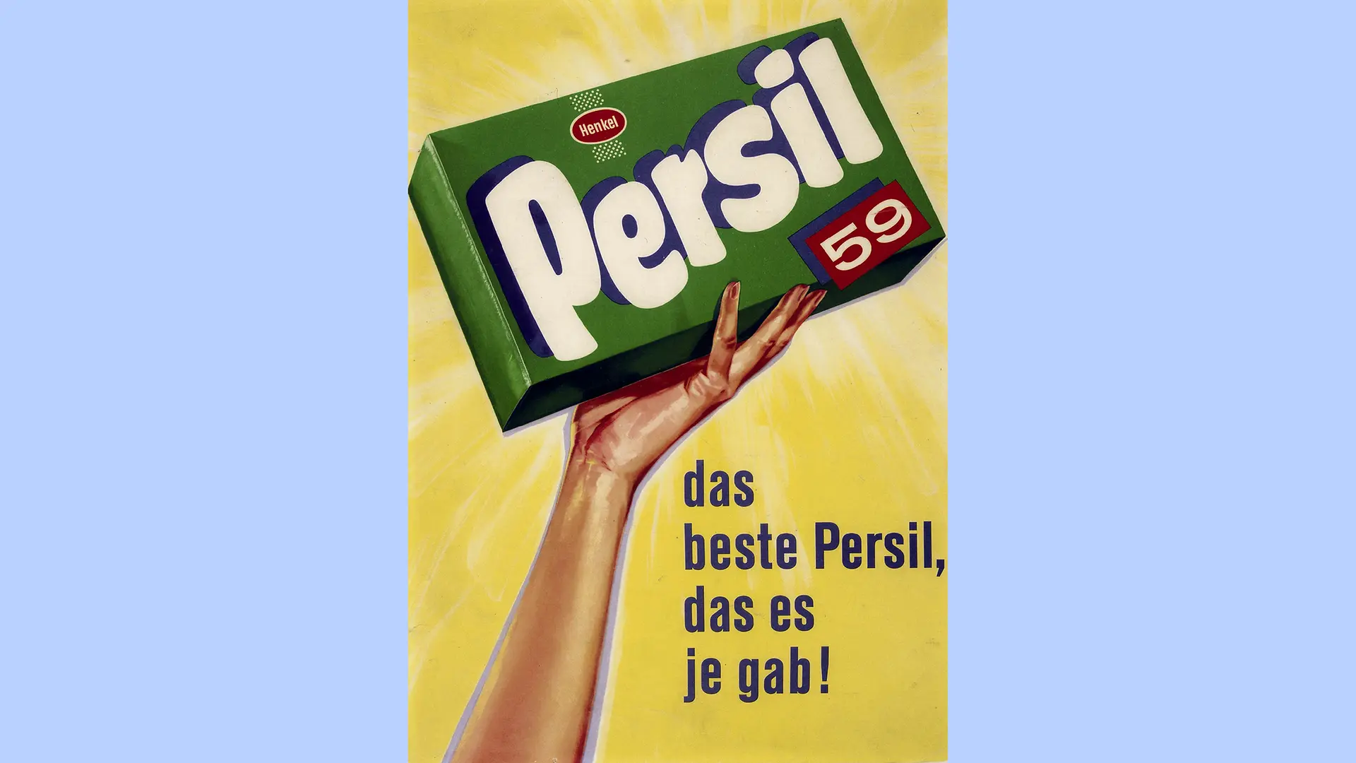Zelený reklamní plakát zobrazující balení pracího prostředku Persil 59.