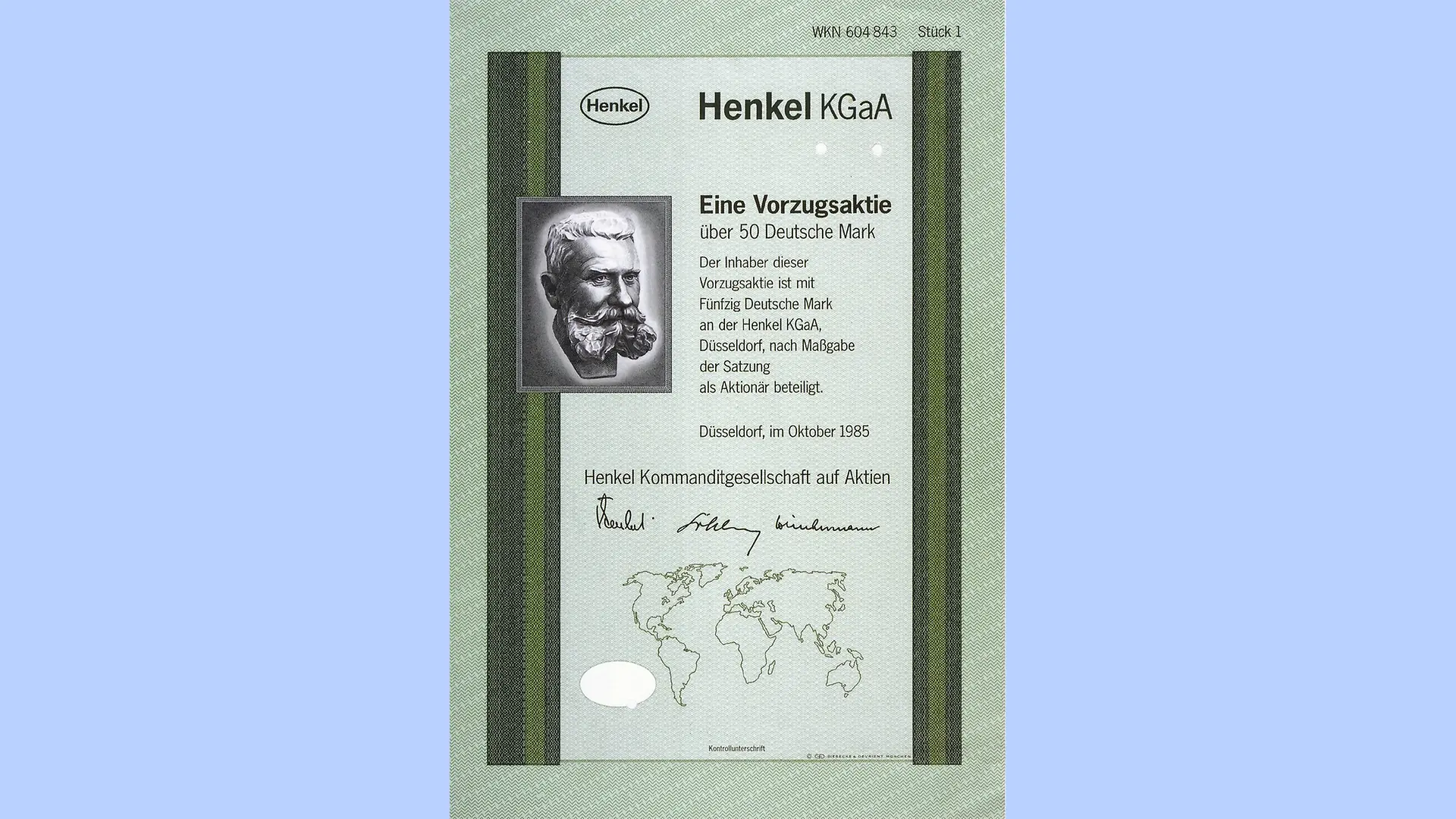 Prioritní akcie společnosti Henkel v hodnotě 50 DM z roku 1985.