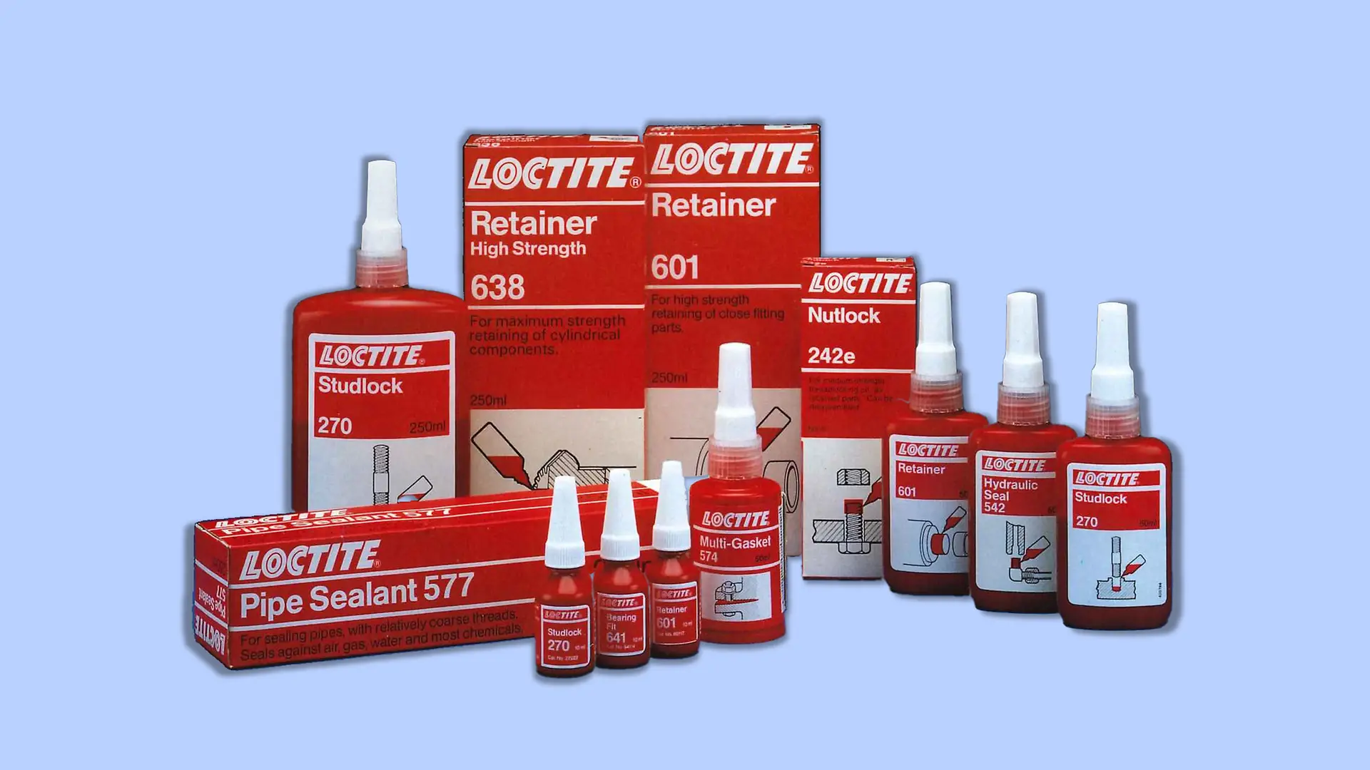Sortiment Loctite z 90. let: Různé produkty pro průmyslové použití.