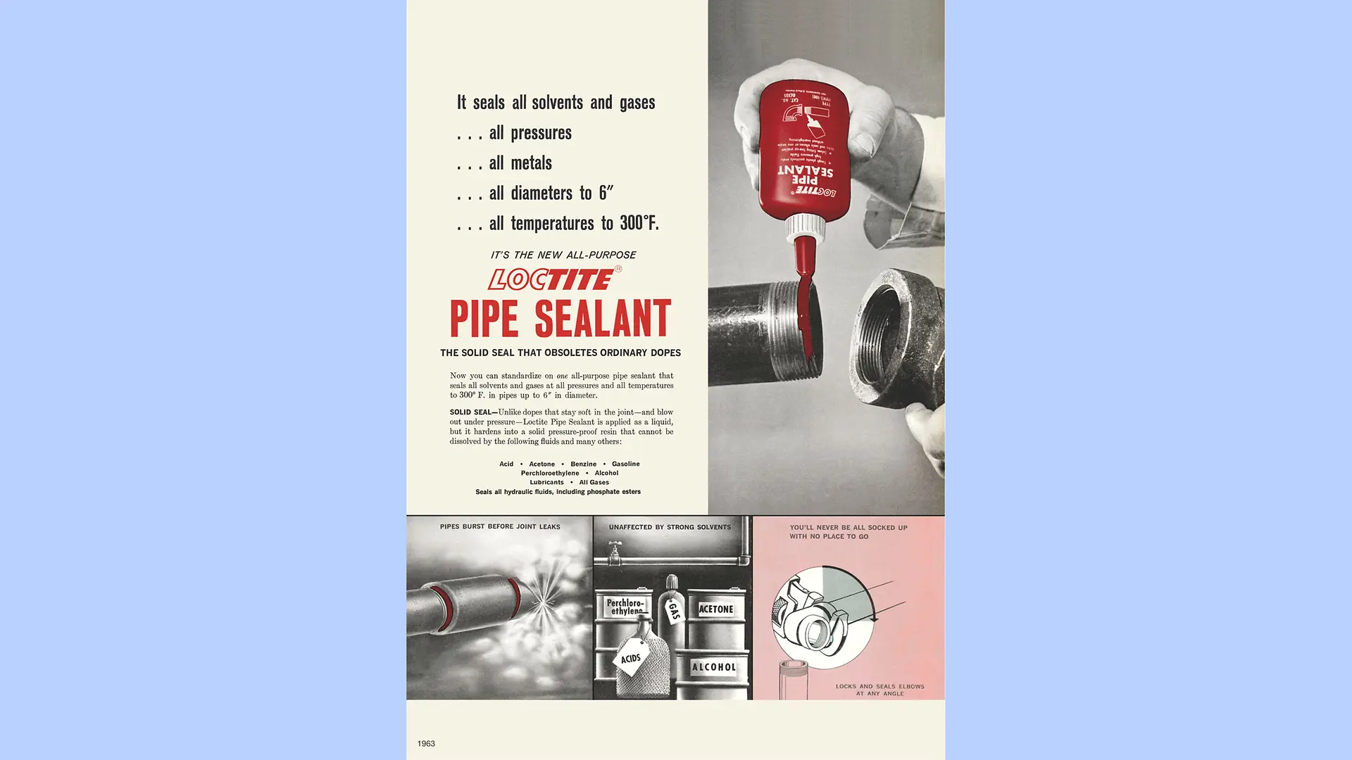 Anglický reklamní plakát na tmel Loctite Pipe Sealant ukazuje způsob použití produktu.
